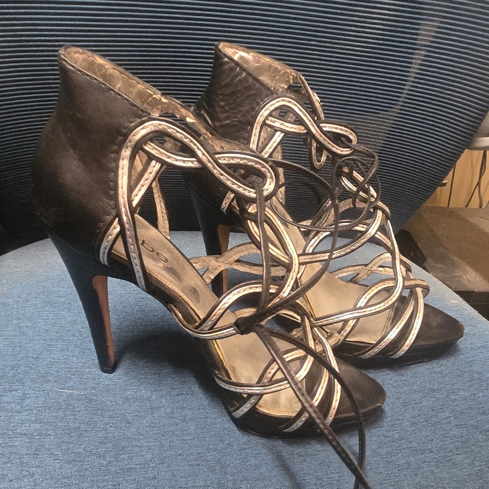 Bebe Black And Silver Lace-Up Stiletto Heels Size 9